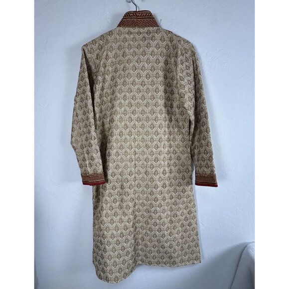 Ethnic Neu-ron Mens Beige Sherwani Traditional Indian Wedding Outfit Gold Maroon - Picture 2 of 8